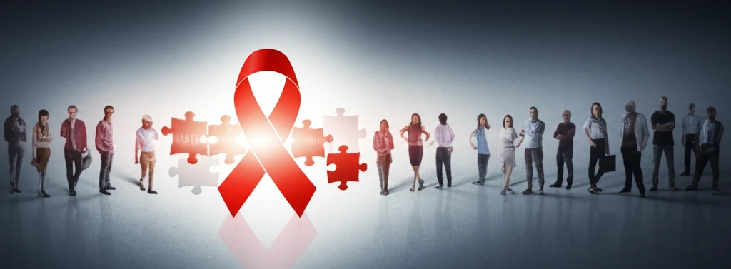 Diverse group connected by AIDS awareness ribbon.