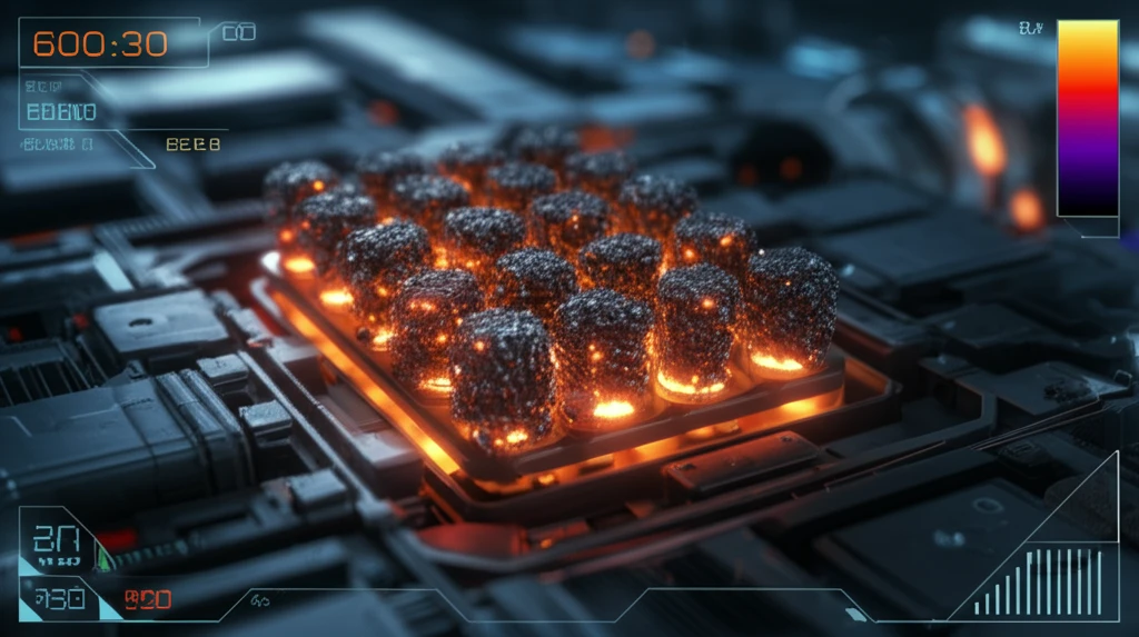 Microscopic metal particles glowing within a battery, detected by a thermographic camera.