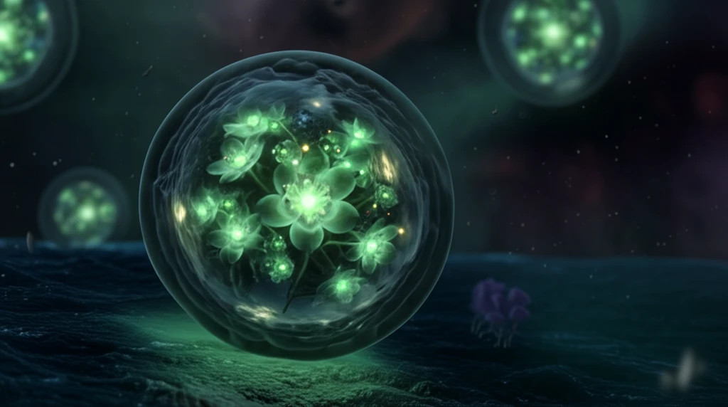 Glowing green SuperNova flowers blooming inside a cell.