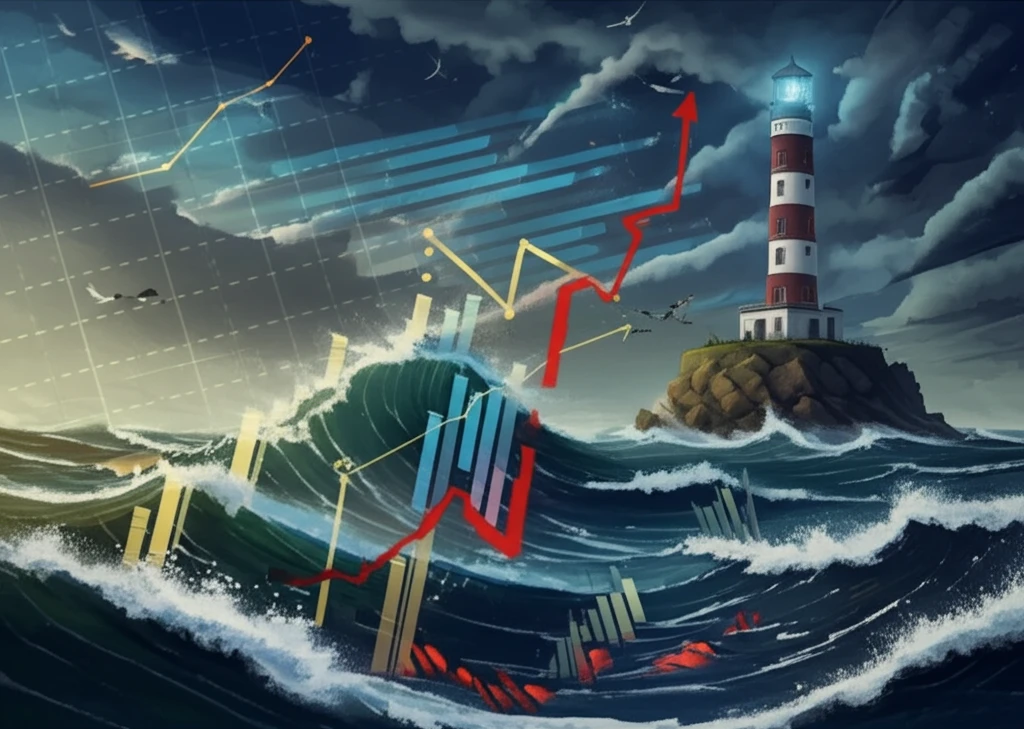 Economic uncertainty visualized as a stormy sea with financial charts and a guiding lighthouse.