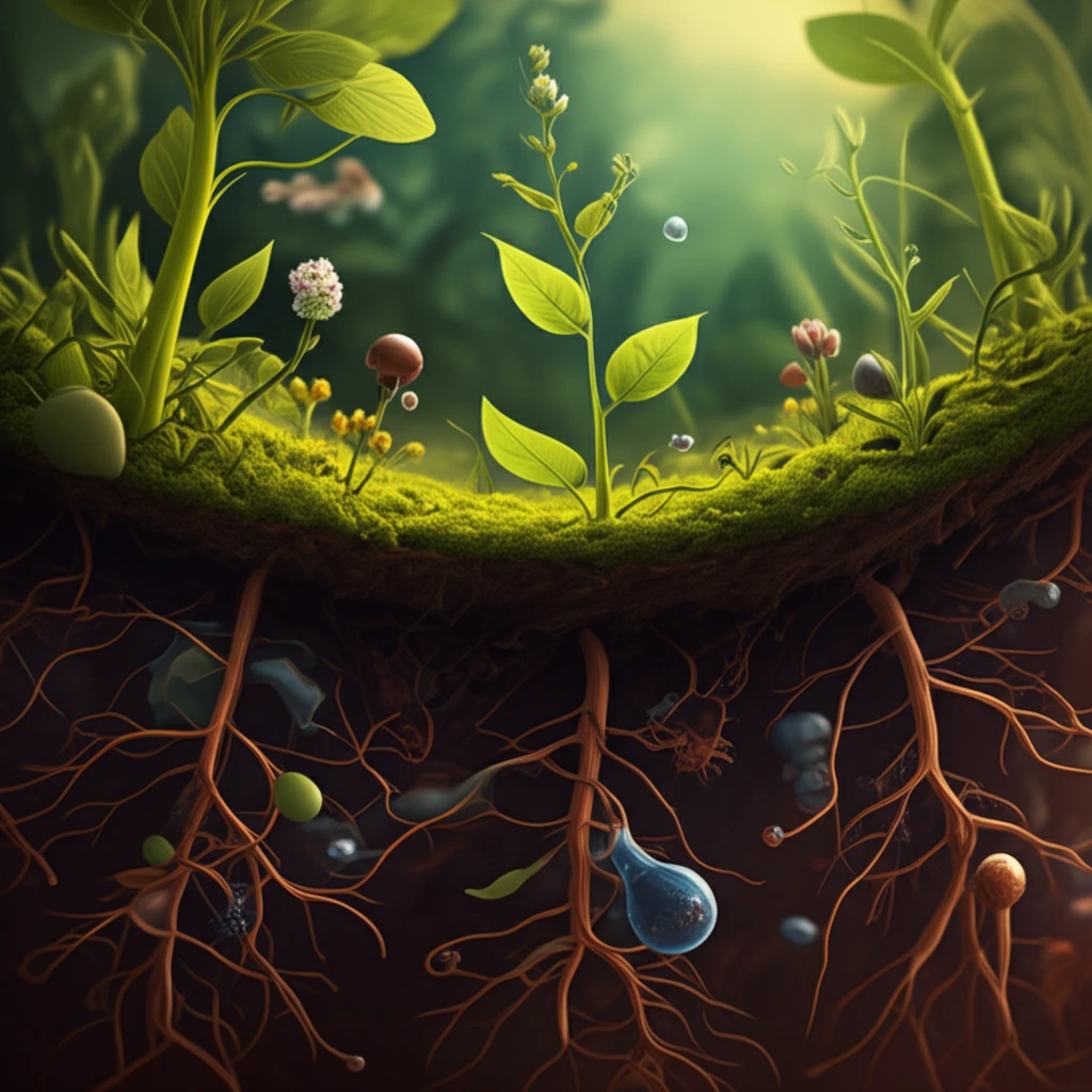Surreal illustration of garden merging with soil particles.