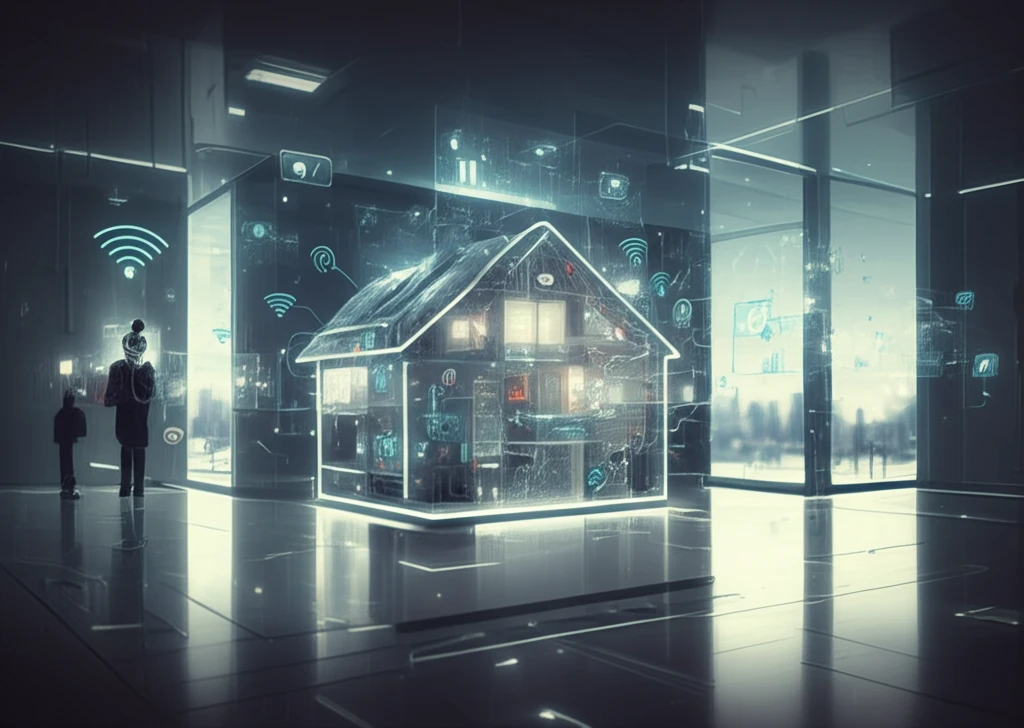 Futuristic smart home interior with real-time data annotation.