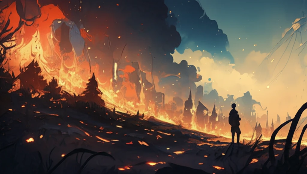 Stylized wildfire spreading across a landscape.