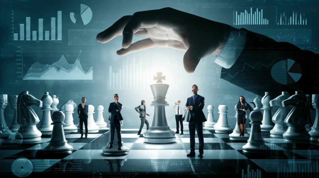 Diverse group standing confidently on a chessboard, takeover bid pending.