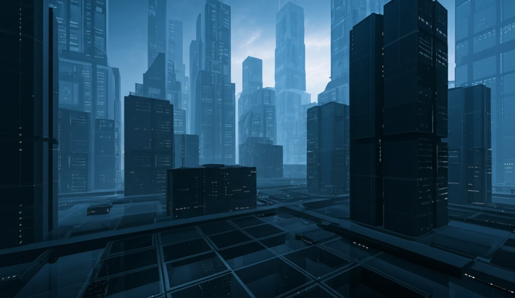 Futuristic cityscape featuring self-sensing concrete buildings interwoven with carbon nanotubes and steel fibers.