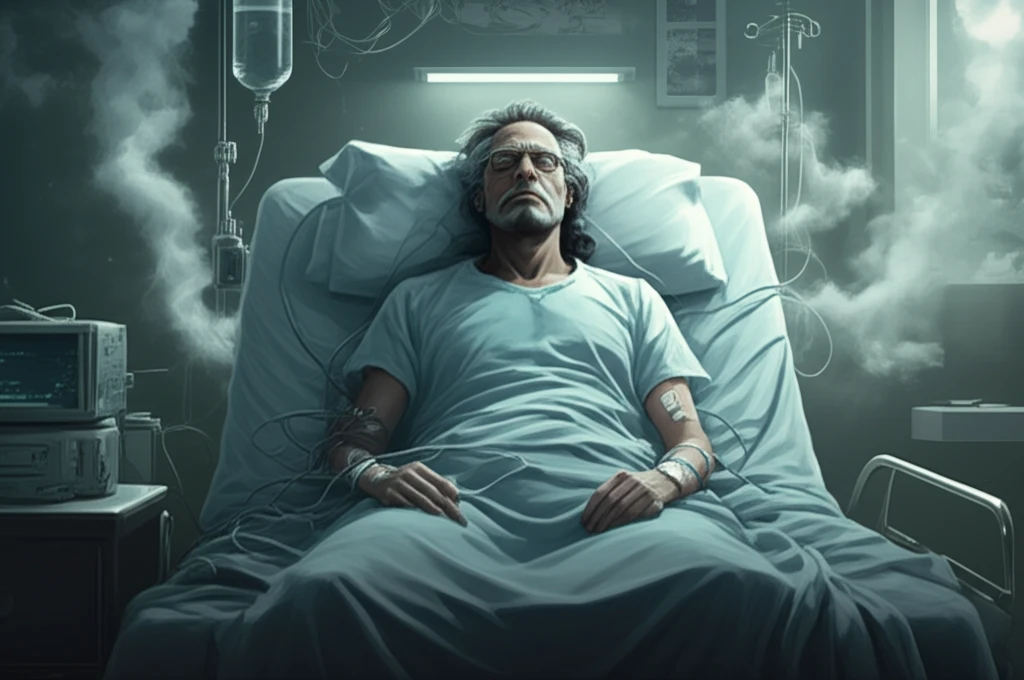 A patient in a hospital bed with medical equipment, surrounded by a cloud of isoflurane.