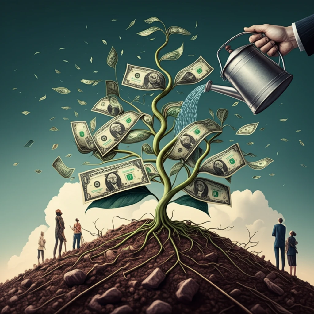 Growing plant with dollar bill leaves being watered by people, symbolizing crowdfunding, investor protection, and capital formation.