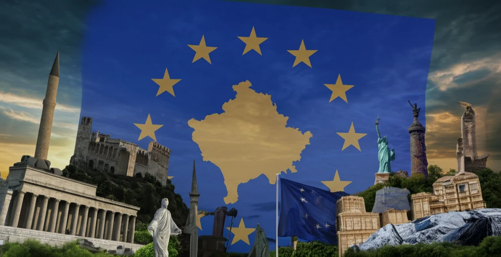 Kosovo landmarks merging with EU symbols