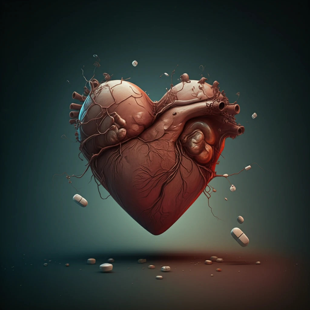 Cracked heart with scattered pills, symbolizing the cardiovascular risks of steroid use.
