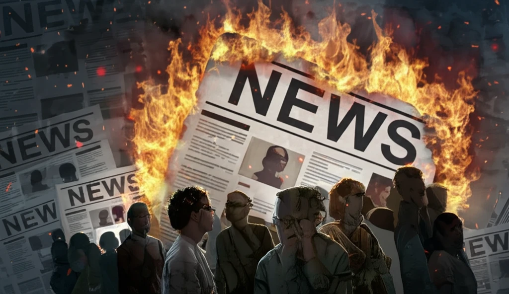 Surreal illustration of wildfire consuming a news headline, representing biased media coverage of wildfires.