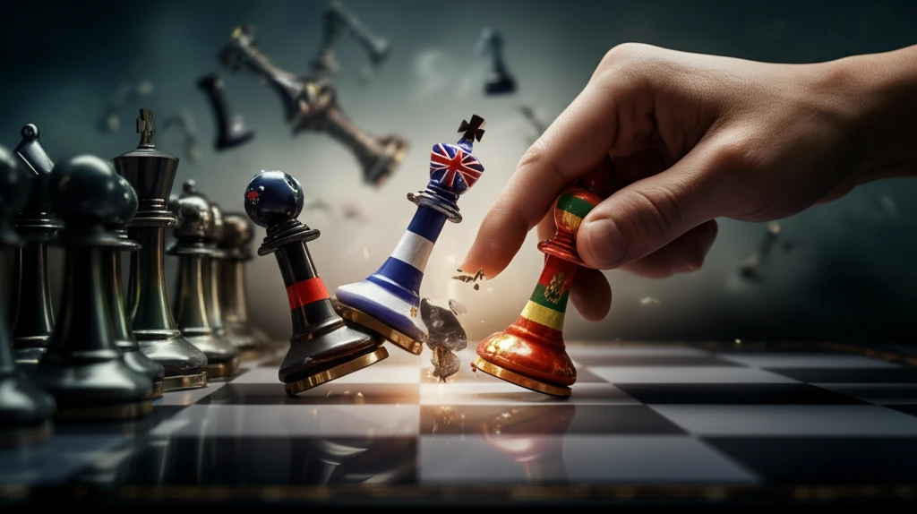 Chess pieces as nation-state flags influenced by a dominating hand.