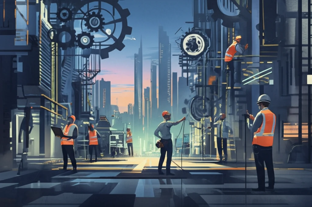 Diverse workers build a thriving city skyline, symbolizing labor productivity driving economic growth.