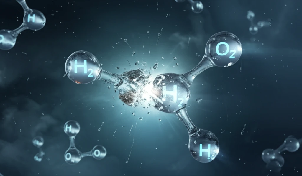 Water molecules splitting to form hydrogen and oxygen.
