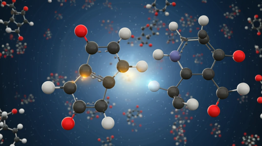 Molecular reaction with glowing bonds.