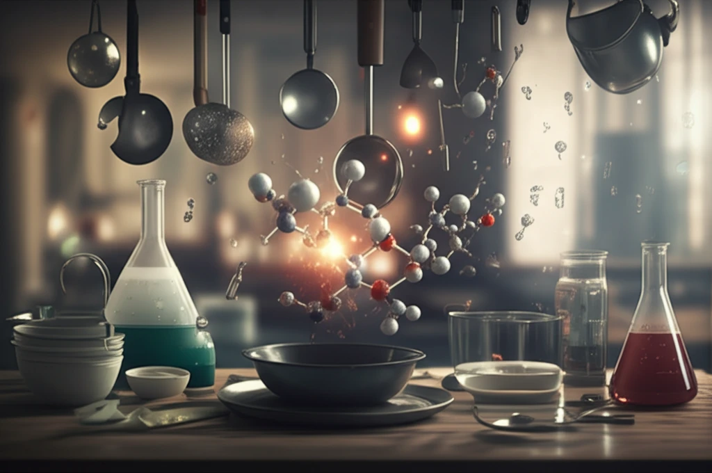 Surreal illustration of a kitchen blending molecular structures with cooking, representing chemistry in culinary arts.