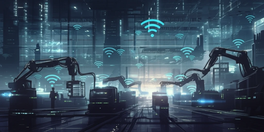 Futuristic factory with wireless sensor network connecting machines.