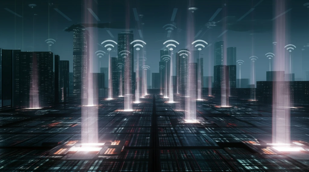 Intricate metallic FSS surface filtering light beams in a city skyline, symbolizing clear wireless communication.