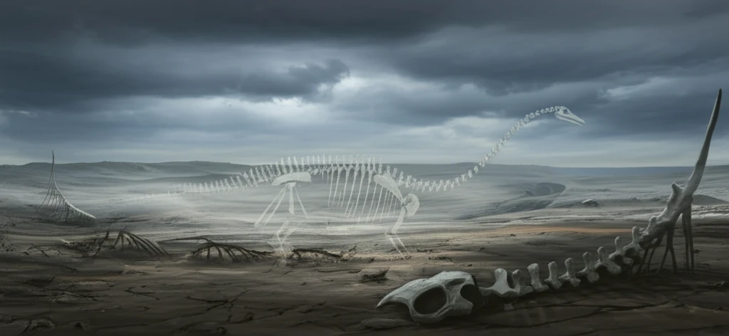 Surreal landscape depicting the mystery of the Elasmosaurus platyurus with scattered fossils and an outline where the fossil once lay.