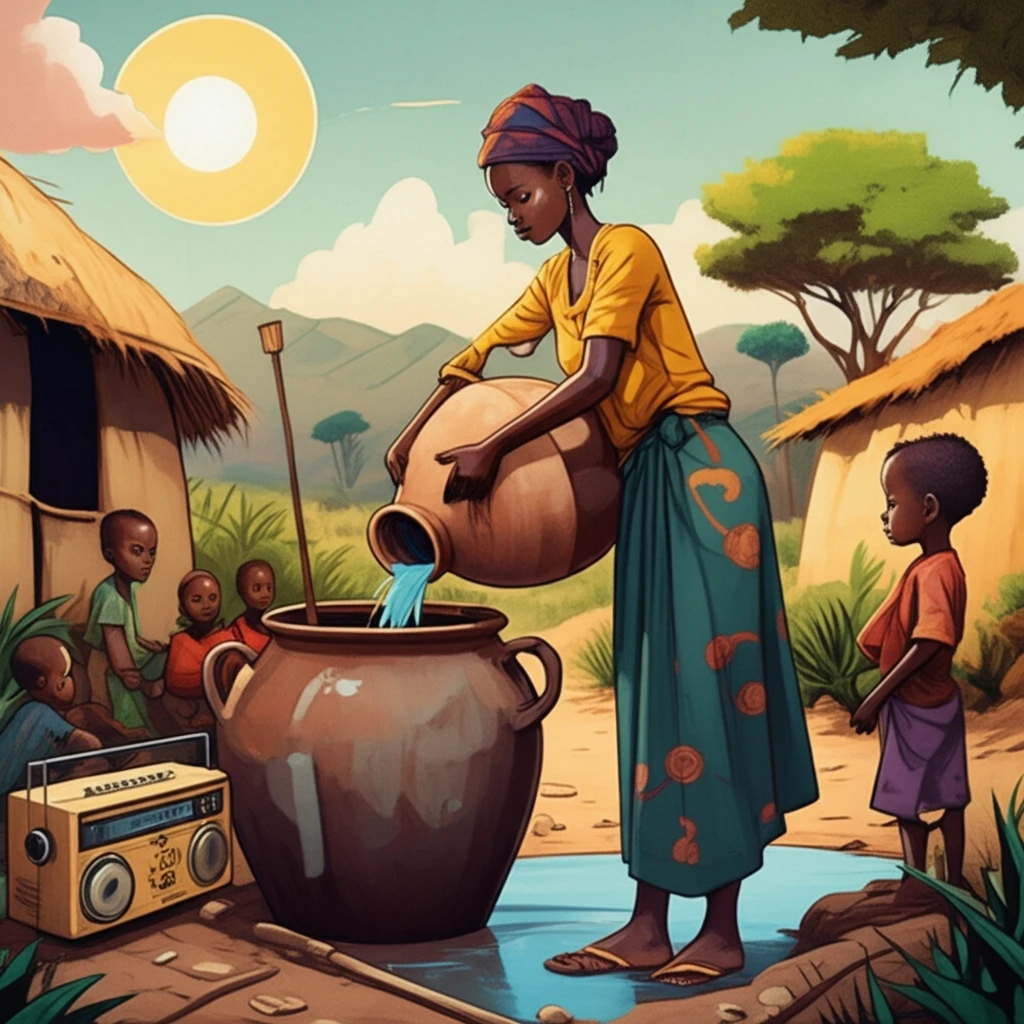 A woman in rural Ethiopia using a water filtration system, symbolizing clean water access.
