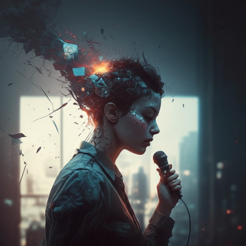 Surreal image of a person with a fractured glass microphone, symbolizing voice disorders impacting work.