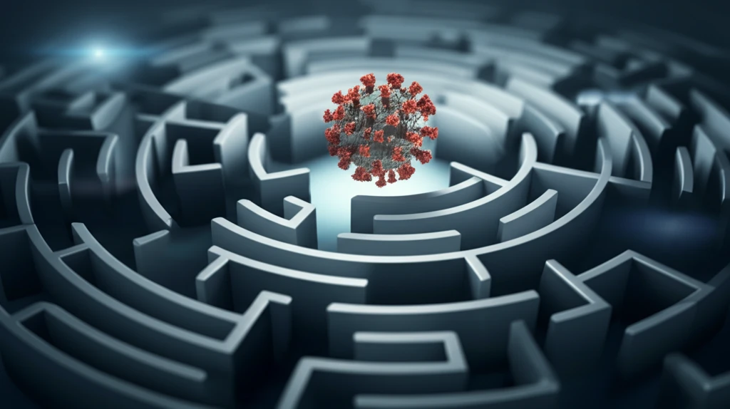 Ebola virus particle breaking through a drug discovery maze