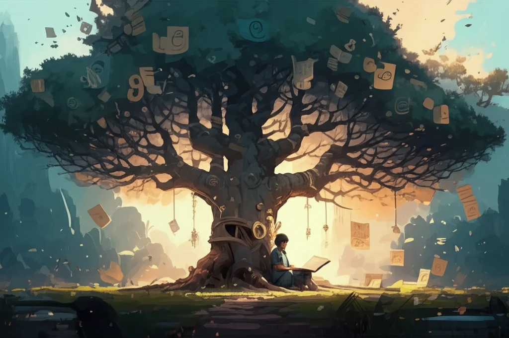 Person reading under a tree of life, surrounded by symbolic leaves.