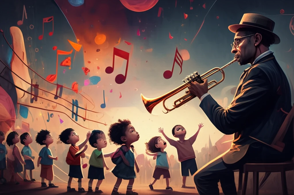 A group of young children joyfully interact with a trumpet player in a whimsical concert setting.