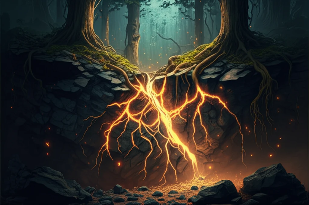 Fractured coal seam with glowing methane gas and interwoven tree roots.