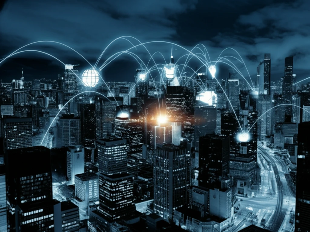 Interconnected networks forming a futuristic cityscape, symbolizing global internet connectivity.