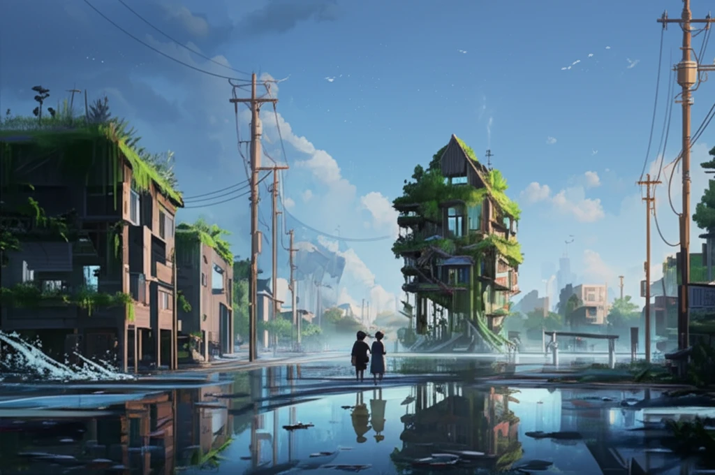 Surreal illustration of a resilient flooded town.
