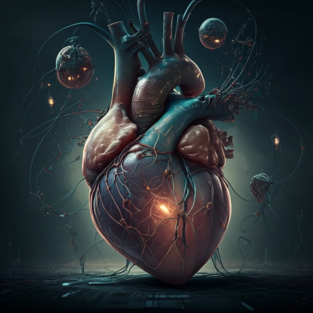 Futuristic heart with cityscape and sensors for early disease detection.