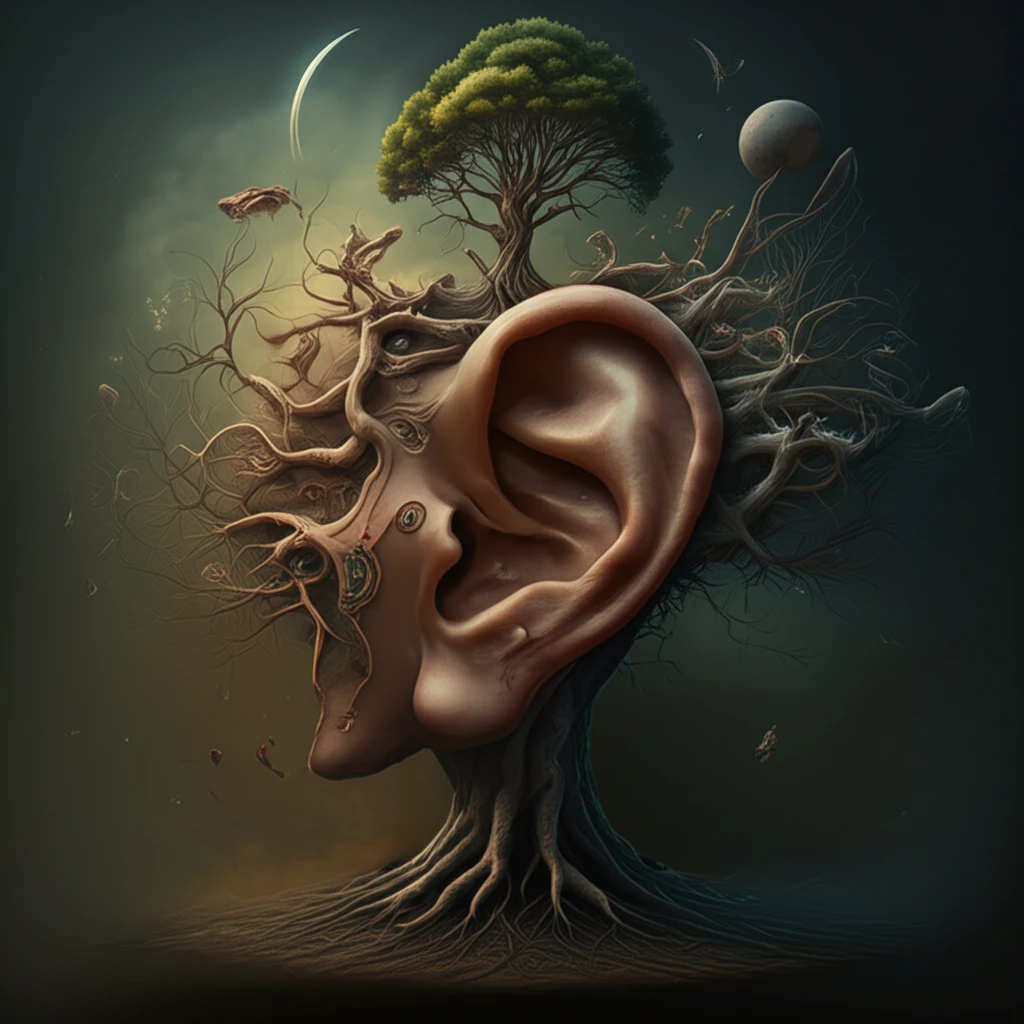 A surreal tree of life growing out of an ear, symbolizing the lifelong journey of hearing health.