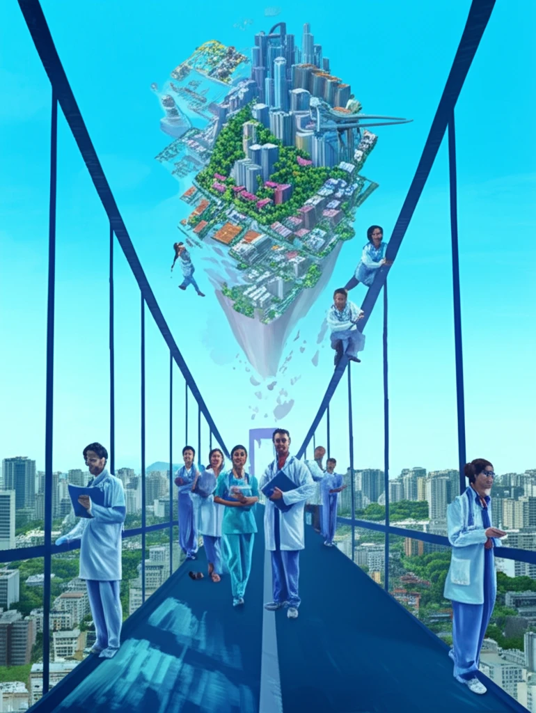 A diverse team of healthcare professionals collaboratively building a bridge towards Rio de Janeiro.