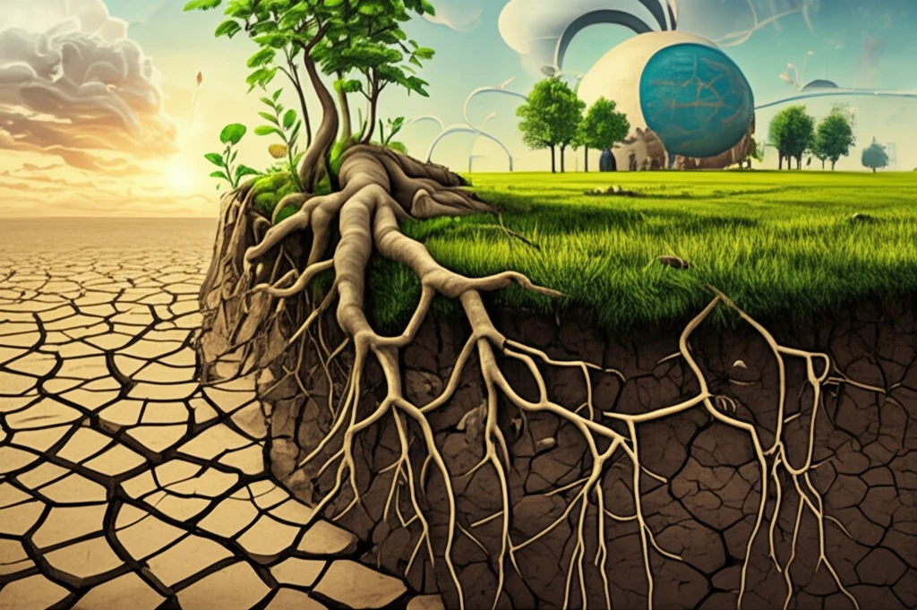 Surreal digital illustration showcasing the contrast between eroded land and thriving soil, symbolizing soil conservation efforts.