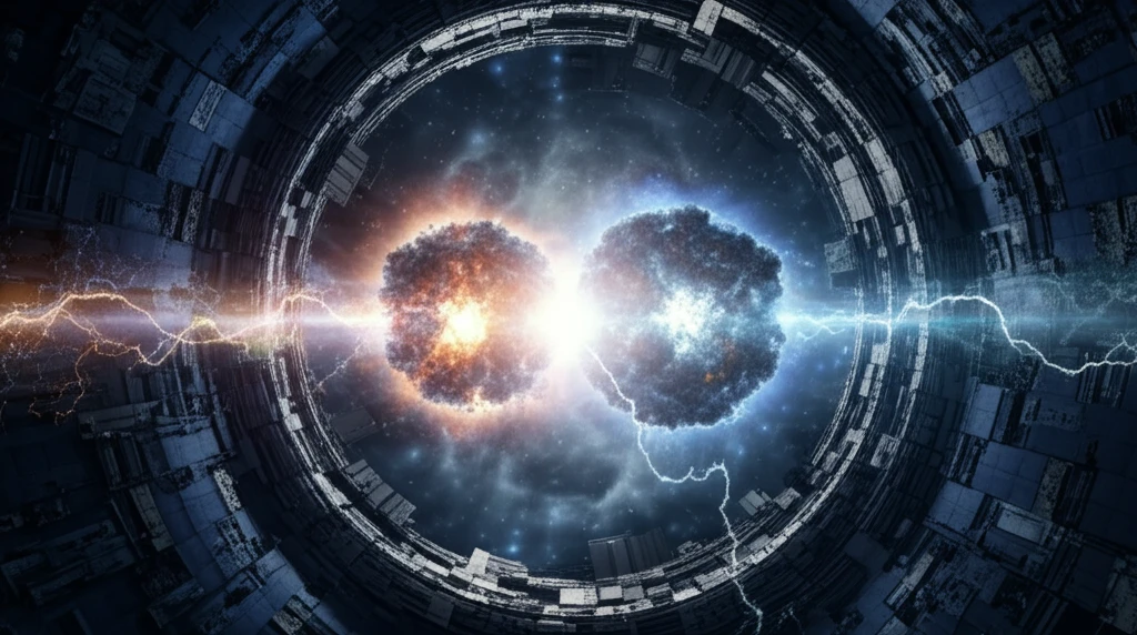 Surreal illustration of heavy ion collision demonstrating vacuum polarization.