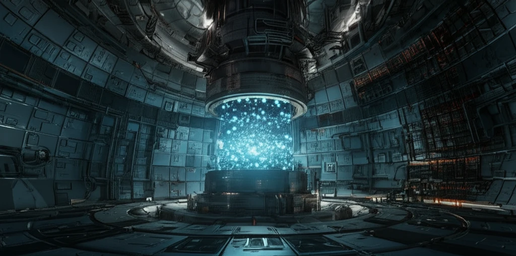 Glowing nitride fuel pellets inside a futuristic nuclear reactor