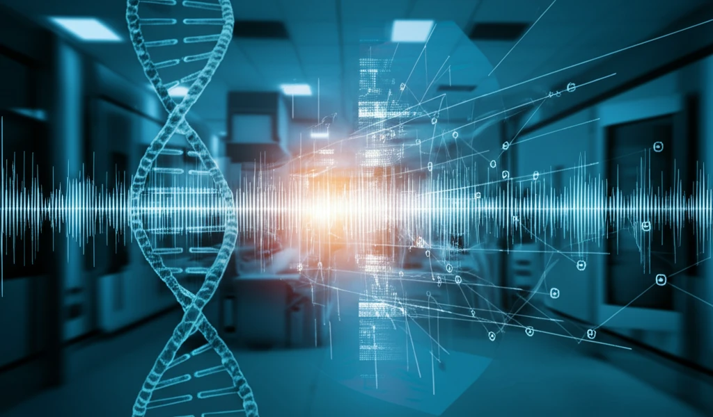DNA double helix with P-spectrum algorithm waveform overlay