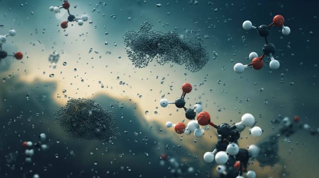 Glyoxal molecules interacting with water droplets and iron particles, influencing air quality.