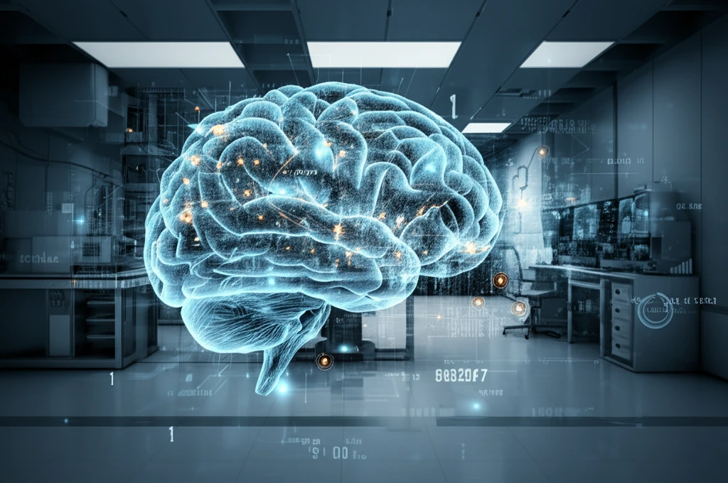 Surreal illustration of a brain interwoven with DNA and scientific data points.