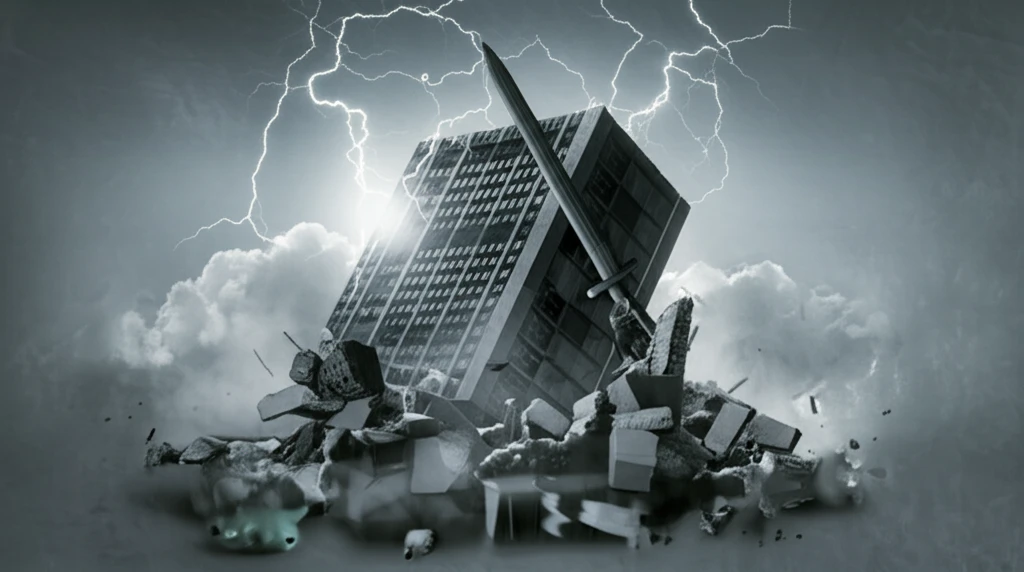 Scales of justice upended by a corporate building, illustrating consumer protection challenges.