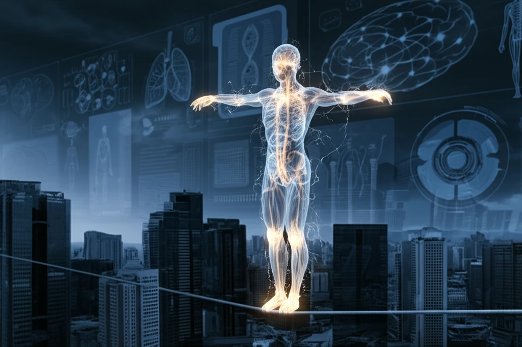 Interconnected lines forming a human figure balanced on a tightrope, representing postural control.