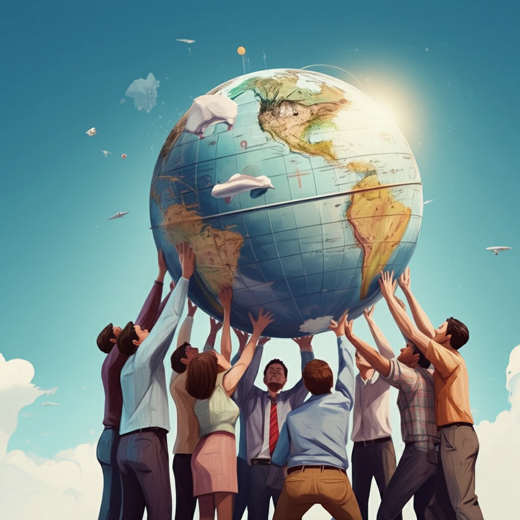 A diverse group collaboratively lifting a globe, symbolizing prosocial leadership.