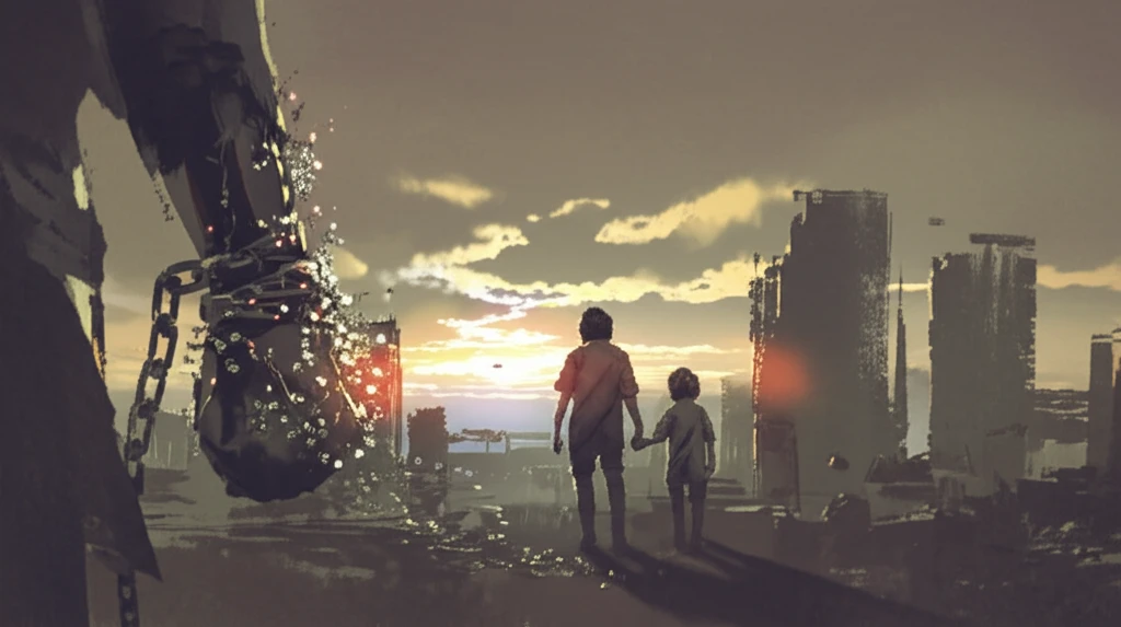 A hopeful image of a father and child walking towards a brighter future, symbolizing the breaking of intergenerational crime cycles.