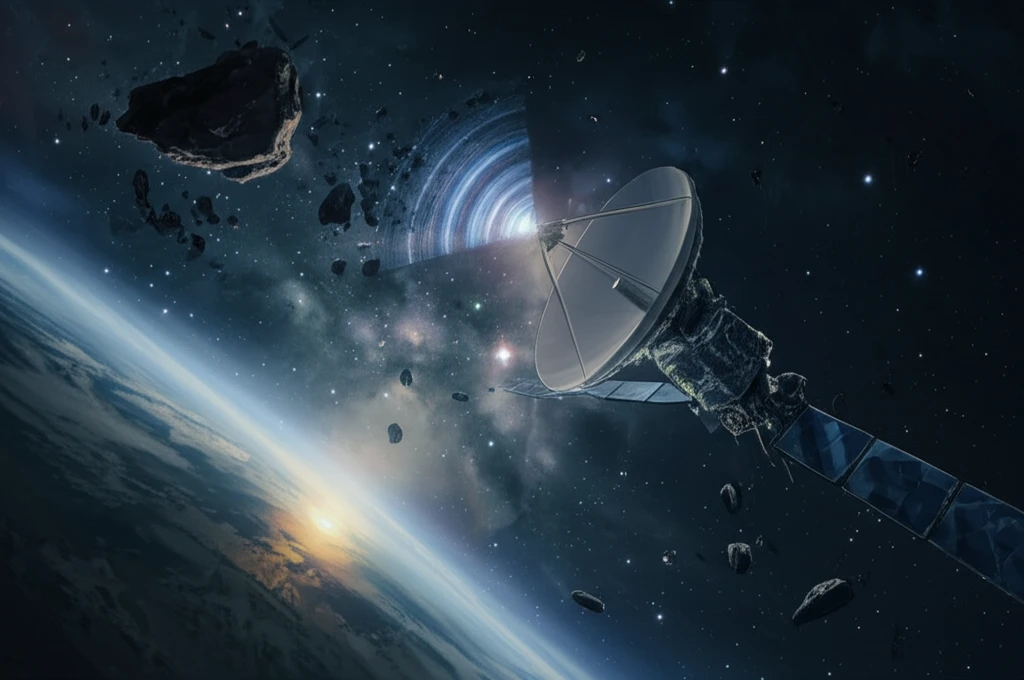 Surreal illustration of a miniaturized satellite antenna in space.