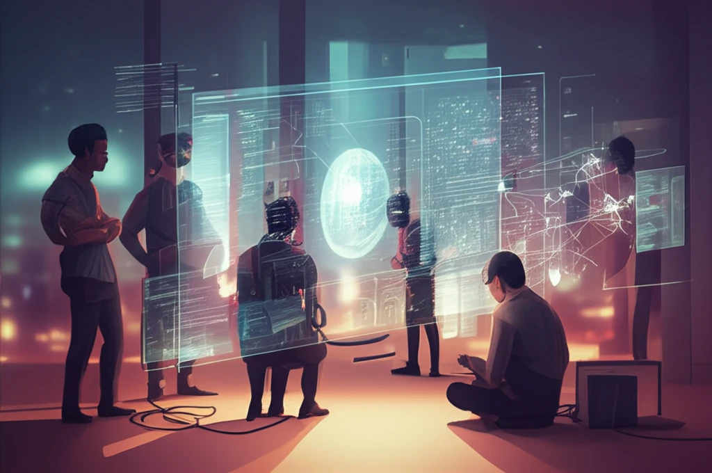 Diverse developers collaborating around a holographic screen, showcasing AI-powered teammate recommendations.