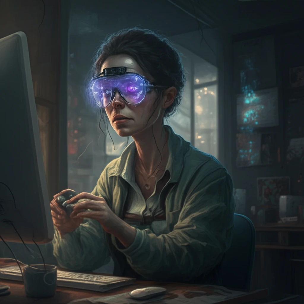 Person with low vision confidently working in an accessible, modern office setting.