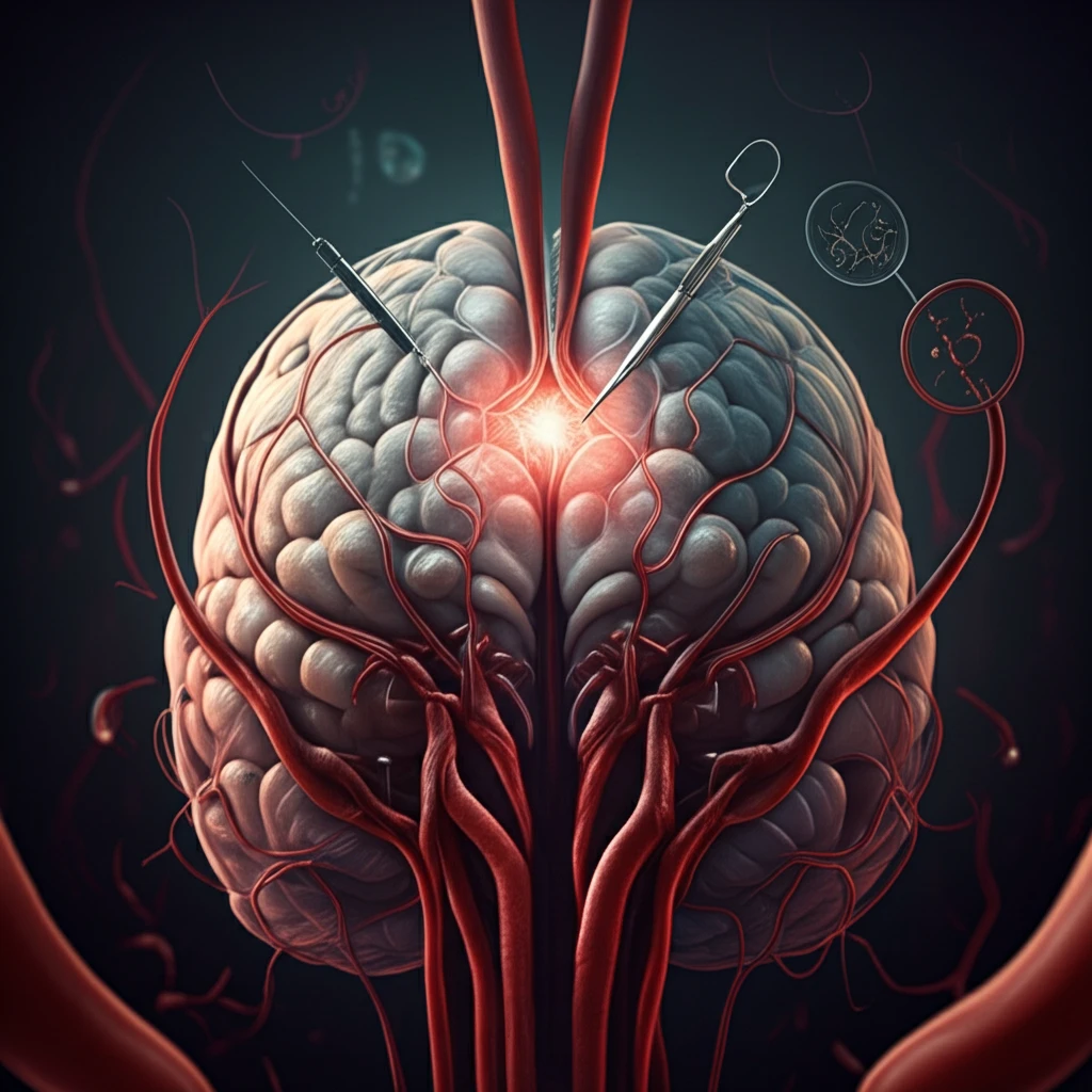 Surreal illustration of a brain arteriovenous fistula highlighting the connection and treatment methods.