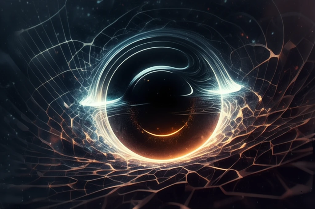 Surreal illustration of a black hole with a glowing web representing the Higgs field preventing a singularity.