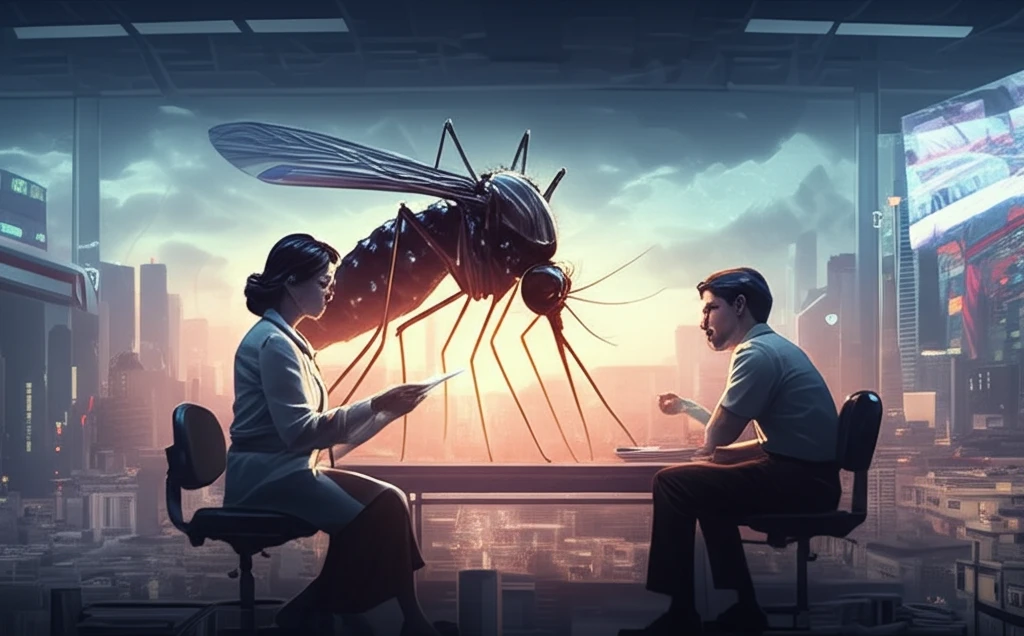 Mosquito casting a shadow over city as a doctor examines dengue patient.