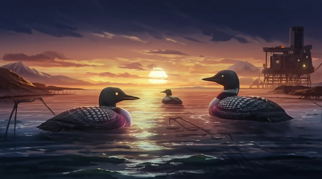Yellow-billed loons nesting near an oil rig in Alaska.